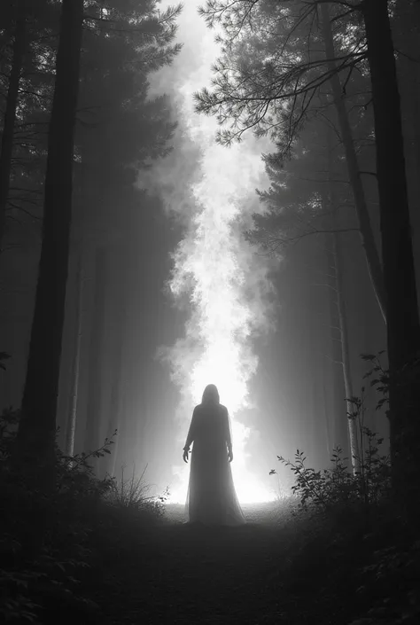 A person in a forest, on fire , well away from the camera, In black and white,  dark and beautiful at the same time, No colors