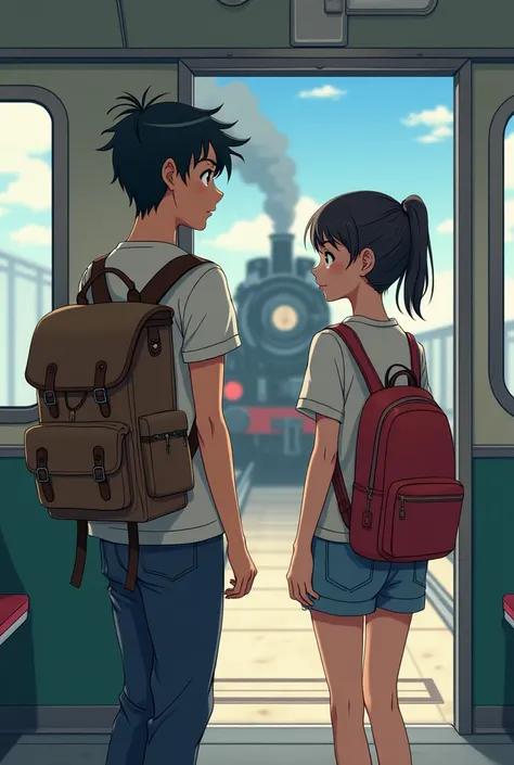 anime-style drawing of an unknown young man with a backpack and an unknown young woman with a backpack get on the train and end up sitting not so close 