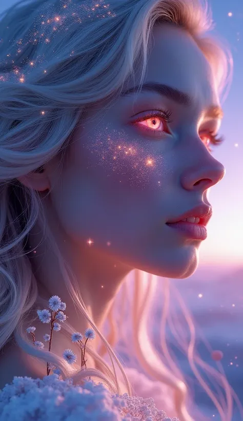 Create a stunning portrait of a person with mesmerizing, otherworldly beauty. Their face should be illuminated by an ethereal, cosmic light, with sparkling stars and nebulae subtly reflecting in their eyes. The features should be delicate and graceful, wit...