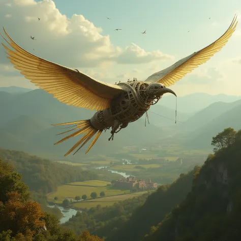 Flying machines :
" A conceptual design of a flying machine by Da Vinci,  with bird-like wings ,  hovering over a Renaissance landscape ."