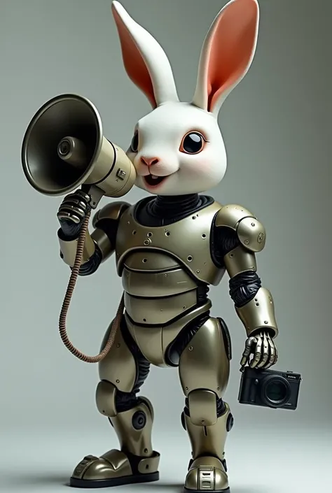 
create a cyborg rabbit, in metal armor, with a megaphone in his hand. speaking through the megaphone, with a cell phone in the other hand, and a photo camera hanging around his neck by a rope, conceptual art, soft, sharp focus, 8k, high resolution,