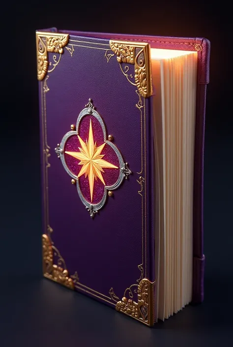 A sleek leather-bound diary with an enchanted golden cover that shimmers faintly under the light. The front cover features the emblem of a starburst, representing his connection to the Element of Magic. Inside, the pages are lined with golden edges and inf...