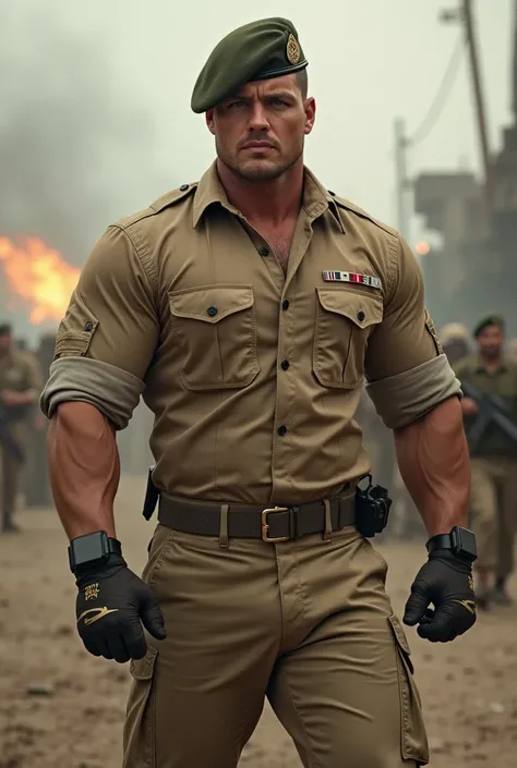  A very attractive, large, muscular man wearing a soldier's uniform,  tactical gloves and berets sand-colored  ( British 22nd Special Airborne Regiment ), Roll up your sleeves,  showing biceps , Background battlefield ,  dynamic pose , Alpha Male, Chad ,  ...