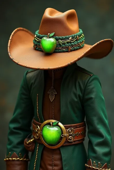 Cowboy Hat**: A sturdy, wide-brimmed hat made from enchanted leather that can withstand any weather. Around the crown is a woven band with a glowing green apple charm attached, symbolizing his practicality and strength. When in use, the hat glows faintly w...