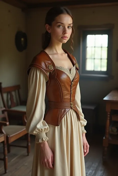 a short medieval beige dress with a leather coarcte and gold details 