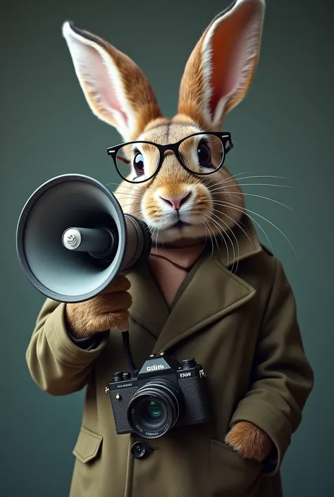 create a rabbit with glasses, dressed like a professional video maker, with a megaphone in his hand. speaking through megaphone and camera hanging around his neck on a string, conceptual art, soft, sharp focus, 8k, high resolution,