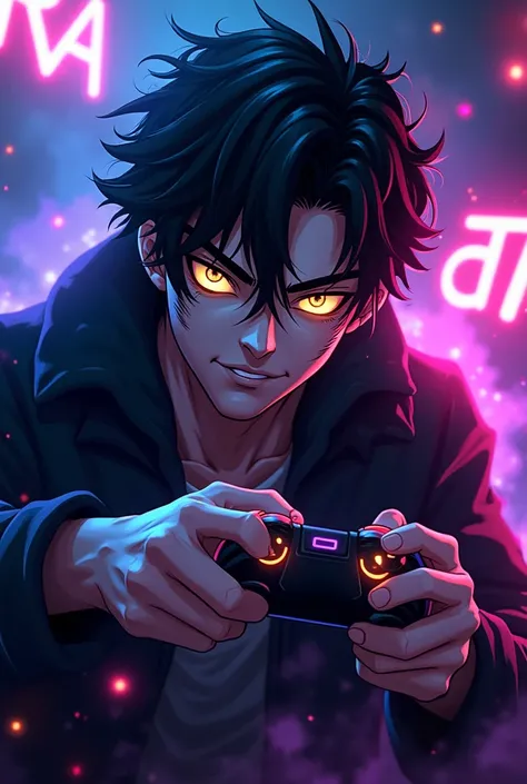  An inspired avatar in a fictional character that mixes elements of Sung Jin-Woo's father from Solo Leveling with the artistic and dramatic style of JoJo's Bizarre Adventure.  The character has disheveled black hair ,  glowing golden eyes and an intense an...