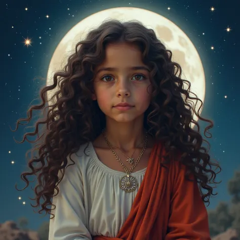 Jesus is the father of Hanin Ali, his little daughter. The girl has long curly hair, the background is the moon and the sky are starry, the colors are full of vitality .The image is real and in HD quality 