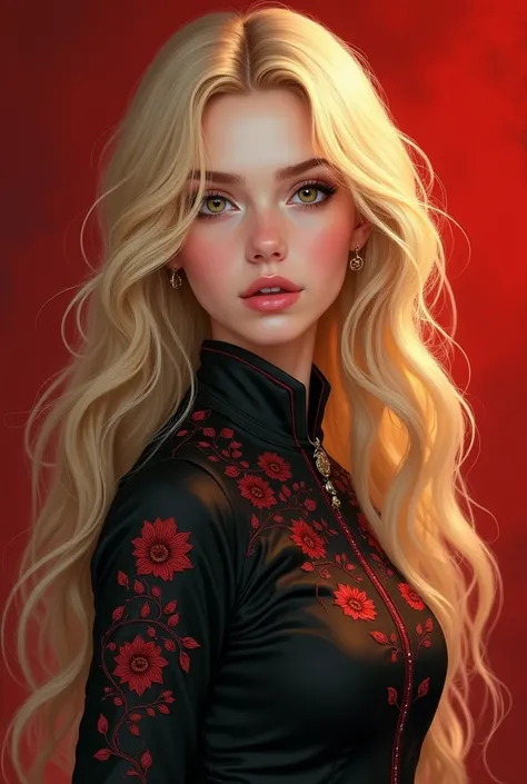  realistic drawing,  photo background of a beautiful girl with slightly curly long blond hair with golden highlights from the root,  gold-colored eyes, angelic but imposing appearance, long lashes and firm eyebrows, red photo background and long sleeve bla...