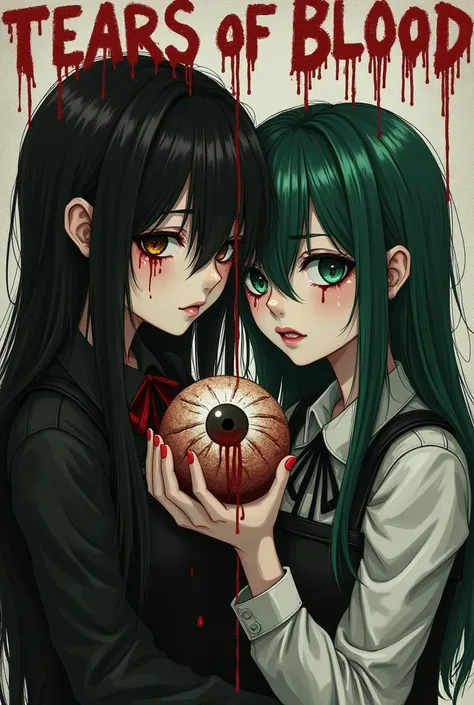 Make a photo for my band with a eyeball crying blood and blood dripping from the top of the image and red words saying tears of blood with 2 girls one with black hair and brown eyes with emo clothes onand the other dark green hair and green eyes with grung...