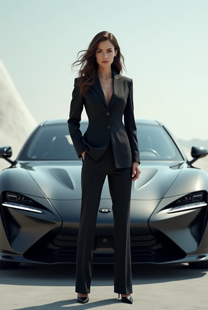 Woman standing in front of car