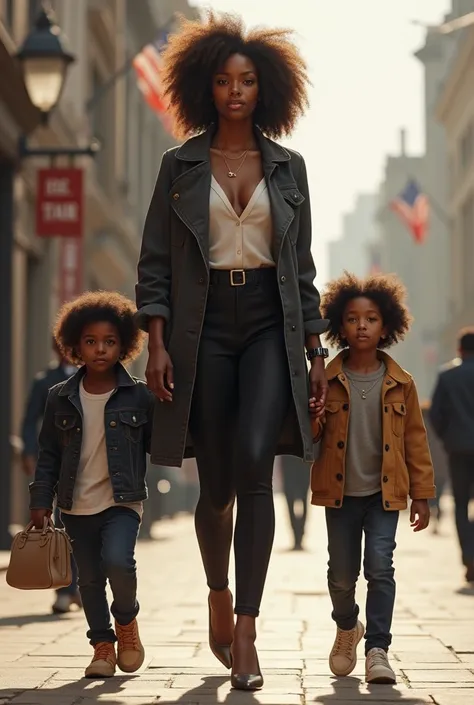 Femme noire marche avec 3 enfants, en pied