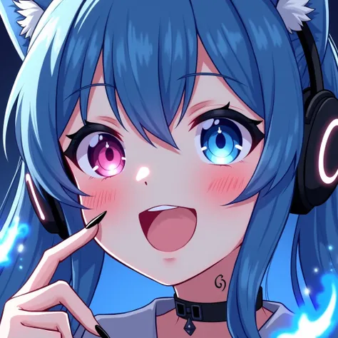 close up face, sweet, kawaii, long black nails,  wearing black headphones,  cute smile, blushes , listening to music, right eye blue left eye pink, oczy odbijające gwiazdy, close up eyes, close up face, tattoo, big lips, long blue hair, blue cat ears, brig...