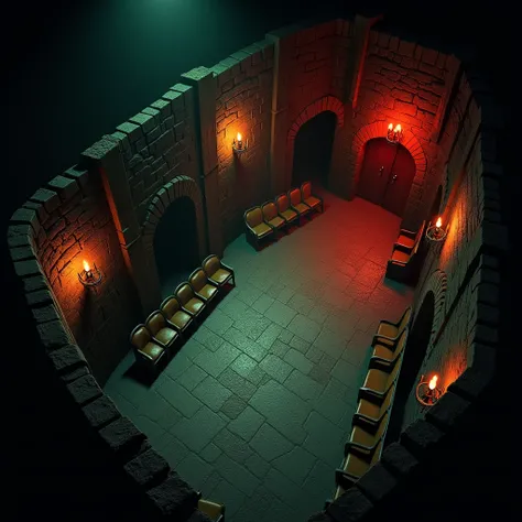 top-down view only. dungeon. cave. Medieval dungeon interior, tabletop RPG map, detailed dungeon scene, top down view, cave environment, dark red and green color palette, high quality, chairs, benches, cinema. empty cinema, a scary movie theater seen from ...