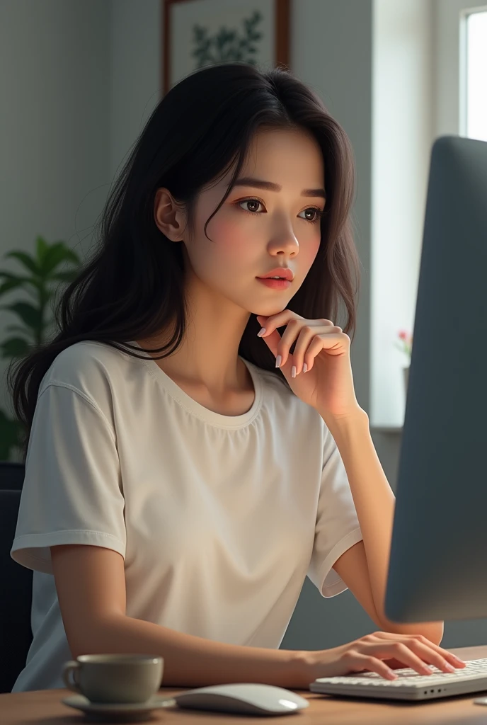 a woman with dark hair in a white t-shirt sits in front of a computer