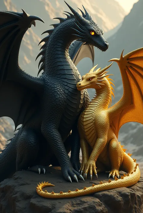 Large black dragon with golden eyes next to a small golden dragon