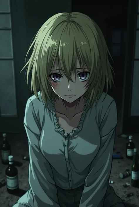   ,  who has actually been sitting in a dark room ,  in a normal Japanese room for 20 years dirty and lots of scattered bottles,  short ruffled blonde hair , has bruises under her eyes . anime art