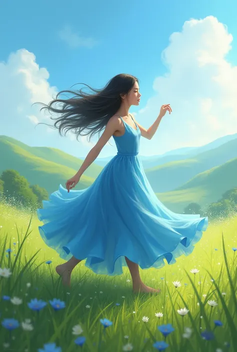 Create a  with a blue dress dancing on a field 