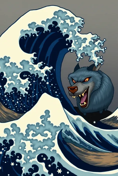  Make a wave in the shape of an angry wolf , Japanese-style wave ,  make the image of the wolf as natural as possible 