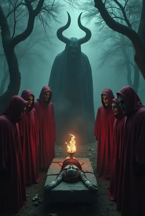  A group of hooded figures in red robes surrounds a stone altar in the middle of a dark forest.  Their faces are hidden by masks carved with expressions of horror and suffering . In the center of the altar,  a tied figure twists ,  as a large shadow with h...