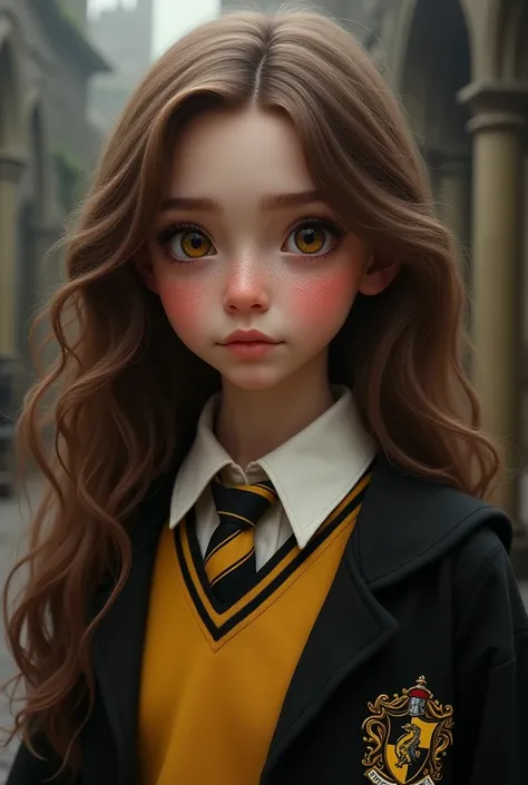 Create a honey-eyed character,  freckles on the face ,  long hair , brown, curled at the ends, brand, com uniforme da lufa lufa de Hogwarts, realistic