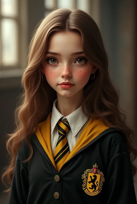 Create a honey-eyed character,  freckles on the face ,  long hair , brown, curled at the ends, brand, com uniforme da lufa lufa de Hogwarts, realistic