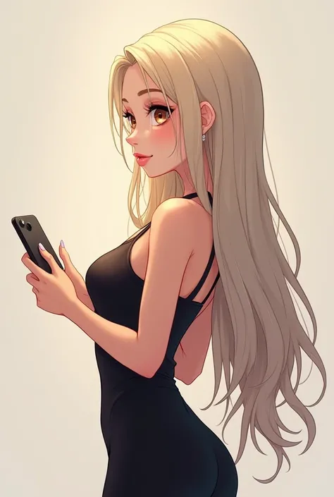  a girl from the front looking to her right side , long light hair .  light brown eyes,  white and cute in a tight black dress has Cuban features with the phone in her hands,  Designed in an anime style or modern digital illustration ,  with a focus on the...