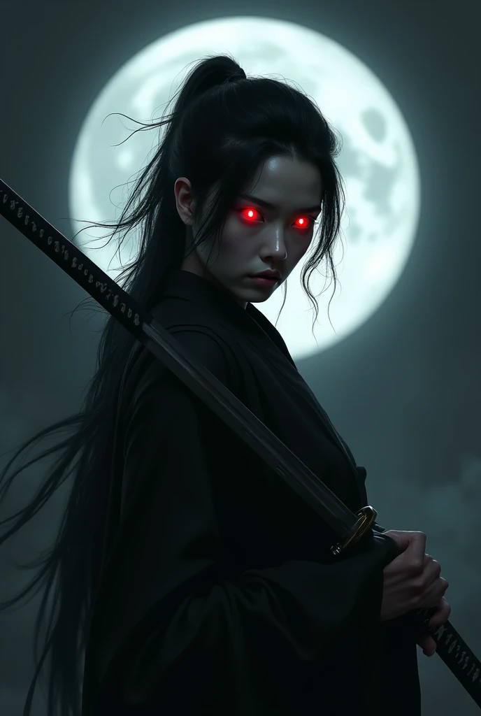 A portrait with darkness all around, a white moon , And a Japanese woman with a red-eyed katana, weak eye color, She is wearing black clothes and her hair is tied