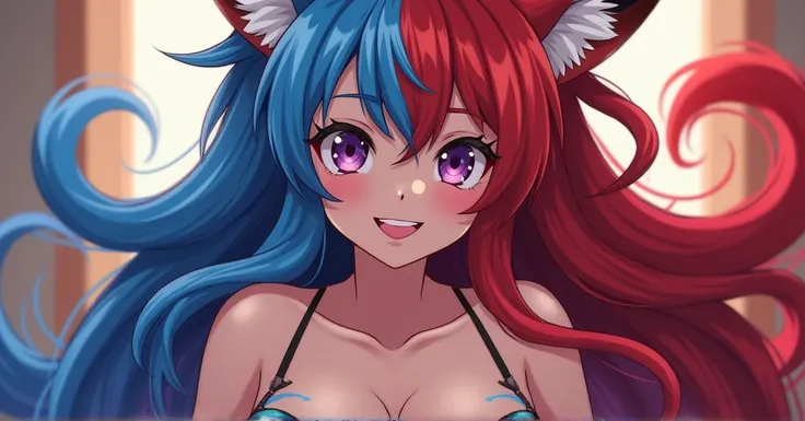 anime  fox girl, red and blue hair combined,blue hair on the left side, red hair on the right side, violet eyes, smiling, big breast,naked,pussy