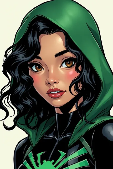 marvel comic panel, a half filipino, half chinese, female, asian eyes, funnel nose, pouty lips, porcelain skin, black wavy hair, black and green spider that has a hood suit, 22 years old,slender build, dark brown eyes