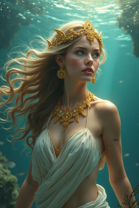  Create a wallpaper based on Greek mythology ,with Aphrodite and Poseidon  , Aphrodite is wearing a golden necklace of fish sauce