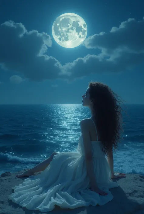 A girl curly on her back, looking out to sea at night in a white dress