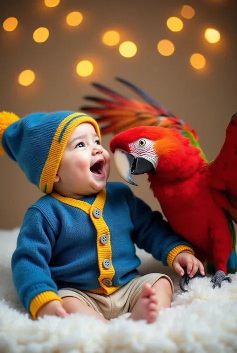  A baby wears a blue sweater with yellow details and a matching beanie,  laughing happily as it interacts with a vibrant red macaw . The macaw is perched next to ,  with the wings open ,  both on a soft white blanket .  The background is illuminated by sof...