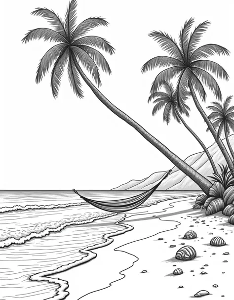 black and white line drawing of A tropical beach with bold palm trees leaning over the shore, waves lapping at the sand, and seashells scattered near a hammock.. suitable for coloring books.