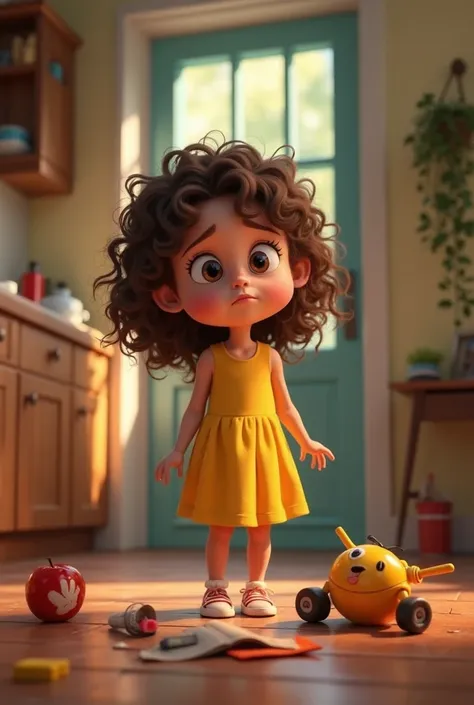 Draw Lila , a worried girl with curly brown hair,  yellow dress , 
In the kitchen,   Scene 2: in the room,  accidentally breaks her brother's toy and says "sorry".
