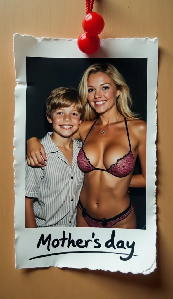 realistic vertical shredded polaroid physical photograph hanging on a school bulletin board in a school, the pinned photograph is of an innocent adolescent boy and milf about 14, years old, the adolescent boy who is about 14 is wearing pajamas with his arm...