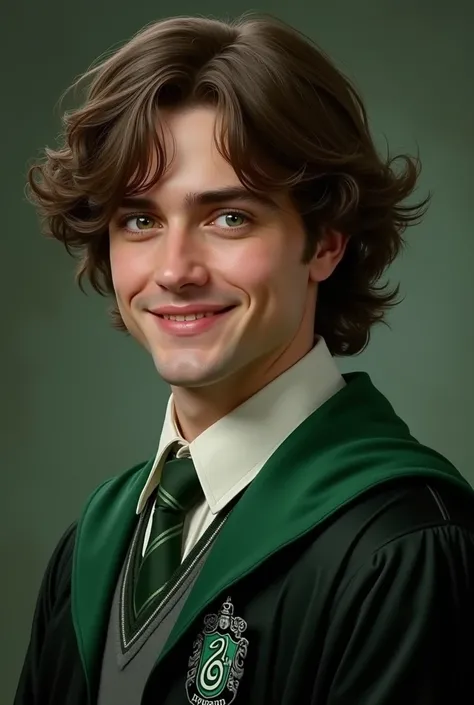  Harry Potter's twin brother, In Slytherin ,  wavy hair,  green eyes,  Tall and strong man,  Slytherin's uniform ,  smiling