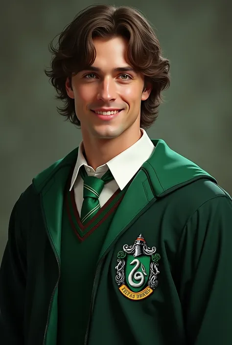  Harry Potter's twin brother, In Slytherin ,  wavy hair,  green eyes,  Tall and strong man,  Slytherin's uniform ,  smiling