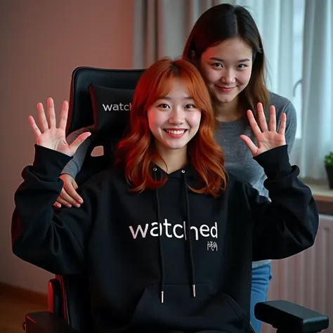 A beautiful red-haired Korean woman sits on a gaming chair wearing a polite black hoodie , With a name on the hoodie  " watched  ". She raises her hands in a nice gesture(✌🏻)  with a beautiful smile . Her sister stands behind her and puts her hands on the ...