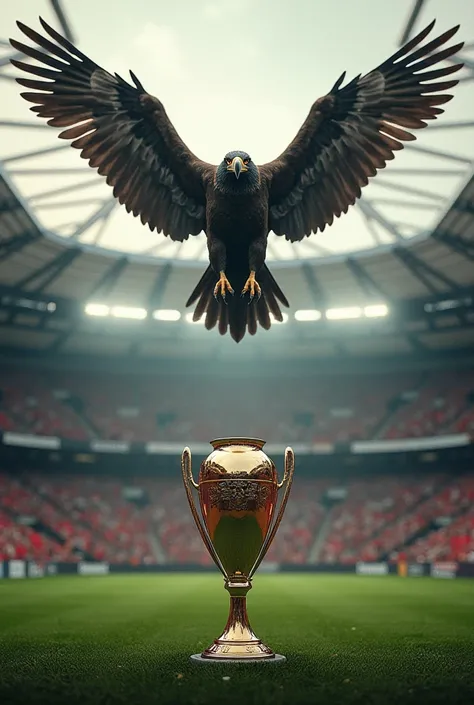 Vulture flying over a soccer stadium,Looking from above it , the soccer stadium has a huge trophy in the middle of the field, the stadium has the colors red , black and white 