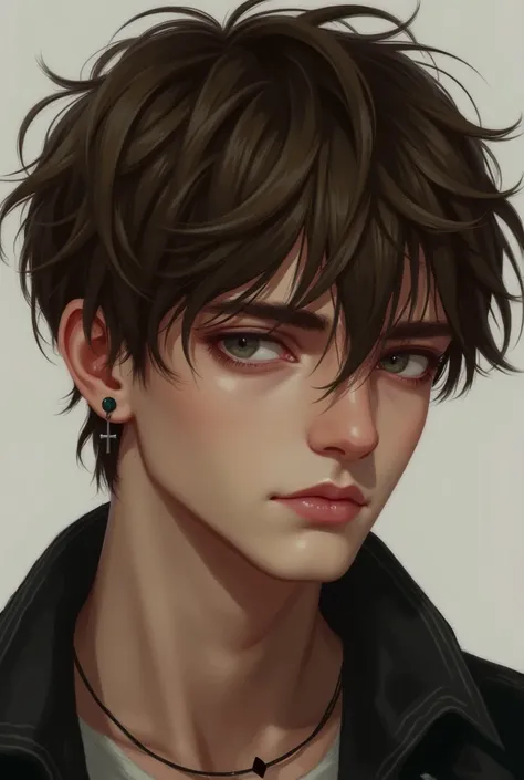 Digital art semi-realistic style shaggy hair, brooding Handsome boy with brown hair and striking grey eyes, cross earring 