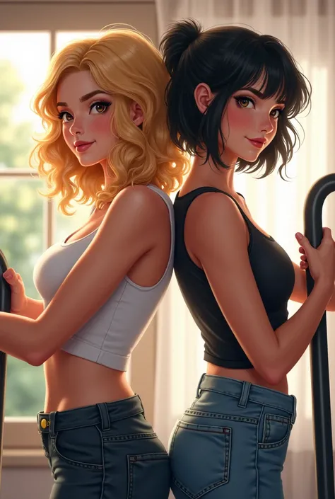 2 superwoman girls,curly medium blonde hair, short black hair, back to back ,with vaccum,mop,cleaning, not very sexy,High Resolution,Smile, 