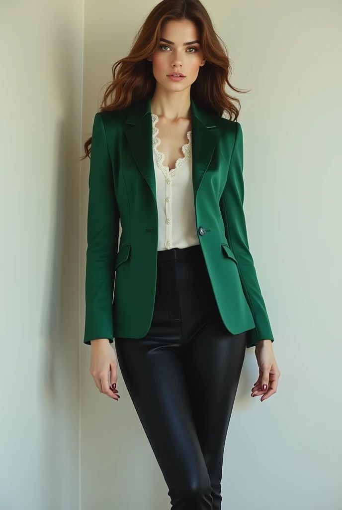 Brown-haired girl wearing a green Christmas or emerald blazer, elegant white blouse and black dress pants and beautiful black heels