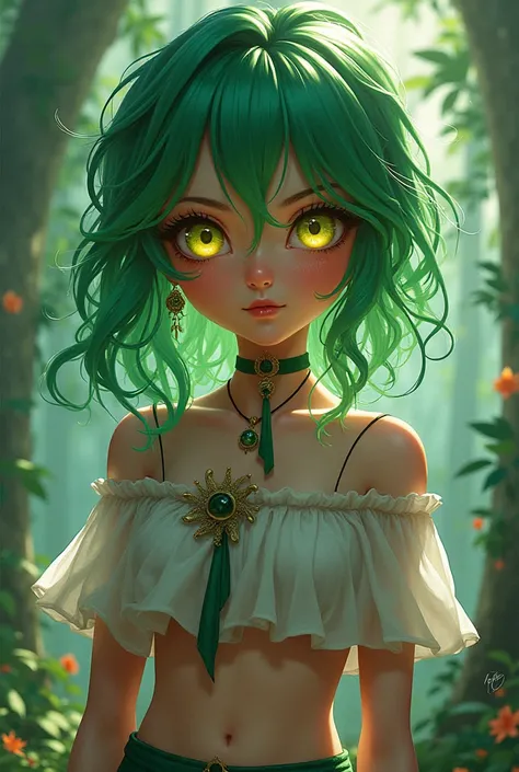 Create a girl with green hair and yellow eyes ,  wearing a skirt and short shirt showing her belly