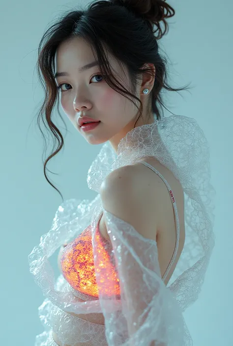 Create 3 images A beautiful Korean woman with porcelain skin and captivating dark eyes, enveloped in the embrace of an unconventional fashion statement. She wears a meticulously arranged bubble wrap that clings to her body, creating a futuristic yet elegan...