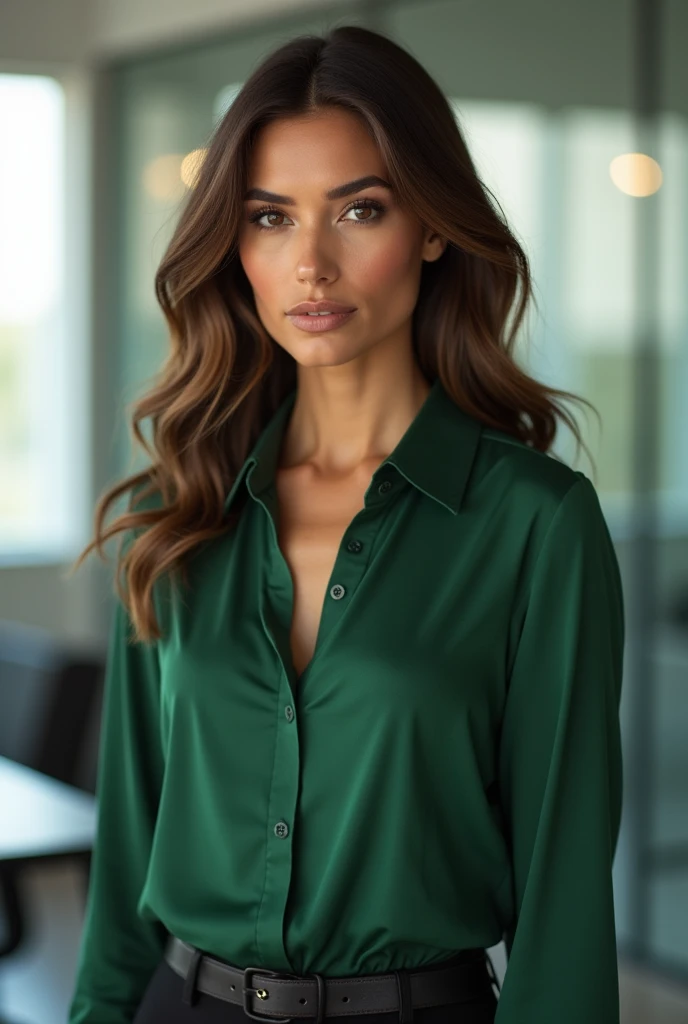 Latin woman brown hair corporate green blouse