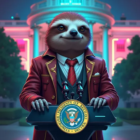 A realistic and slightly caricatured illustration of CyberLaze, a futuristic sloth character, depicted as the 47th President of the United States. CyberLaze is wearing a detailed, futuristic presidential suit with gold and red accents, standing confidently...