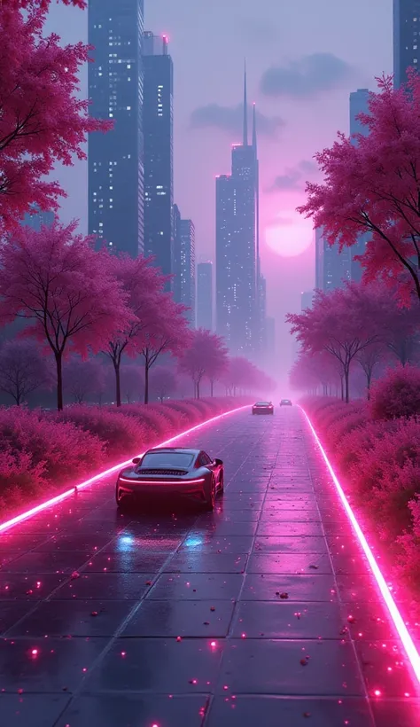 Create an image with pink and a purple aspect flowers around a road with cuboidal aesthetic pretty lights embedded in the tiles and cyberpunk 2077, night city themes buildings sky scrapers far away with flying cars passing by them. Car models are cyberpunk...