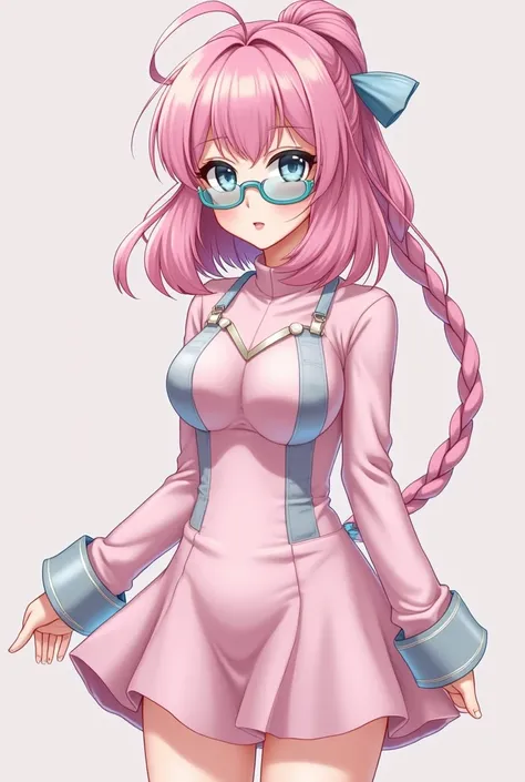 Brunette girl with gray-blue eyes with fluffy and pointed medium-light pink hair that goes up to the shoulders and well-saturated cyan antennas and pink with saturated cyan glasses with saturated pink lenses and a tight light pink dress with degraded sleev...