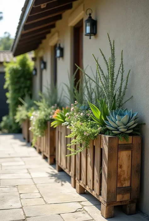  A long exterior wall of a house with pallet vases perched on the floor,  leaning against the wall , filled with succulents . 